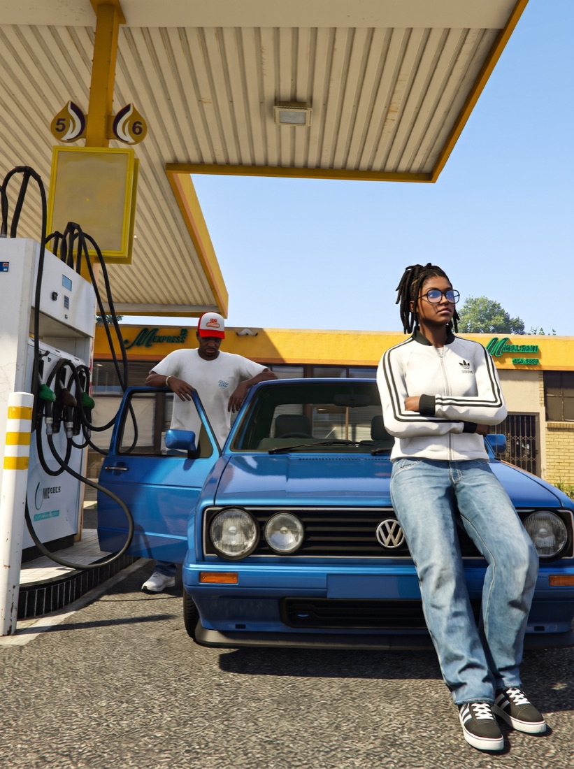 Game-style scene with a blue car and two characters at a gas station